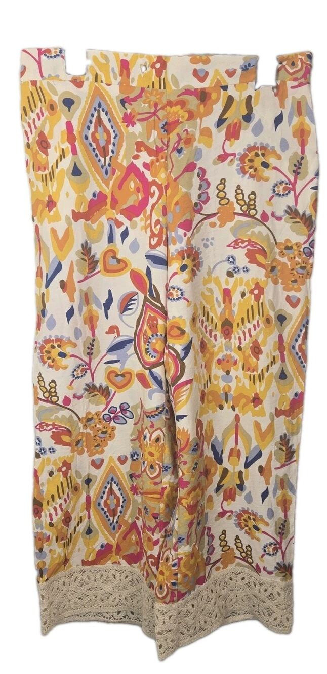 Rachel Zoe Mid Rise Wide Leg Cropped Pants Boho Floral Hippie Crochet Hem NWT SM